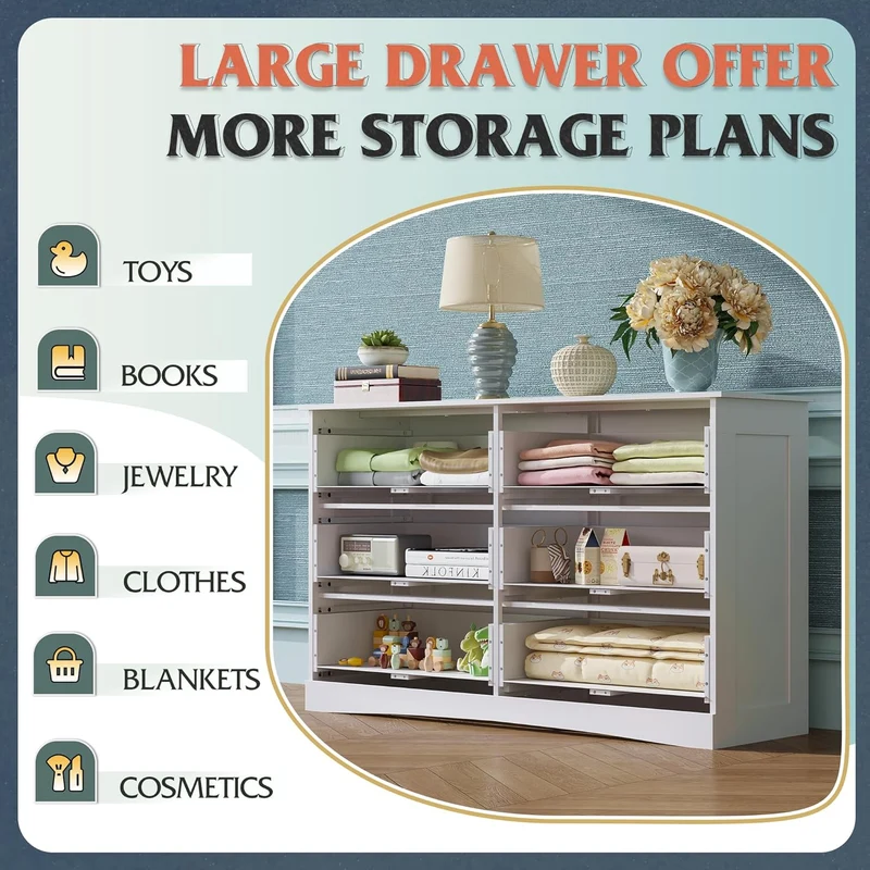 WLIVE Wide 6-Drawer Mid Century Modern Wood Dresser