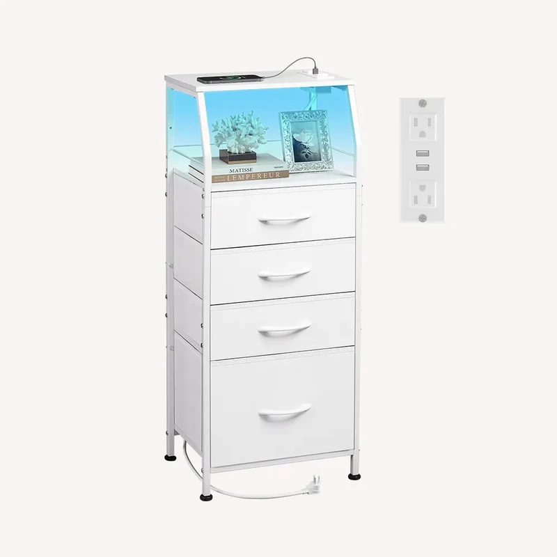 WLIVE Fabric 4-Drawer LED Nightstand with Charging Station