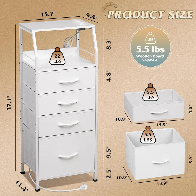 WLIVE Fabric 4-Drawer LED Nightstand with Charging Station