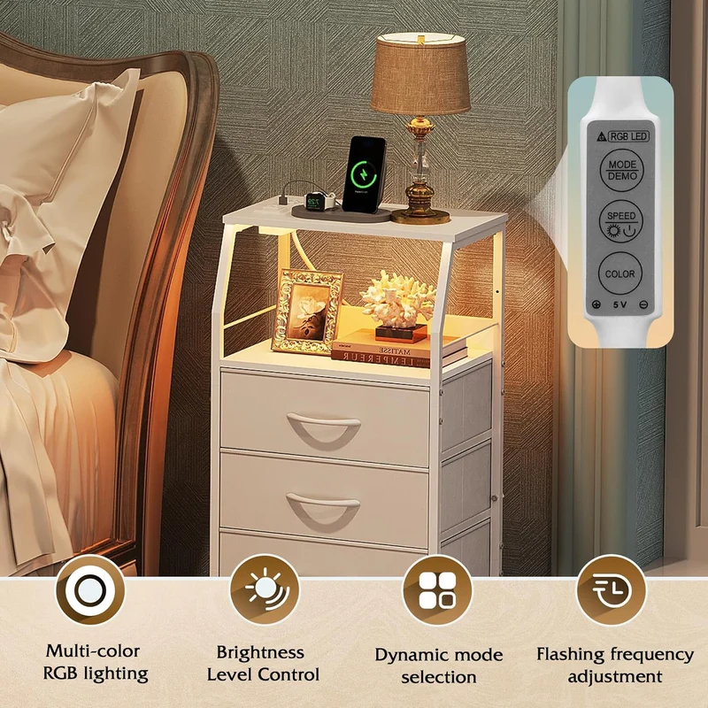 WLIVE Fabric 4-Drawer LED Nightstand with Charging Station