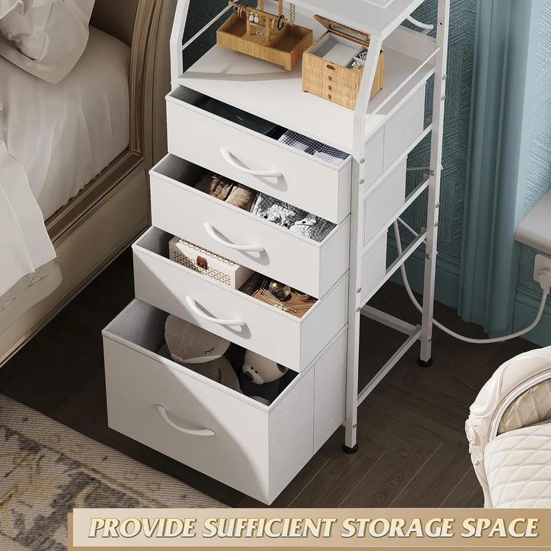 WLIVE Fabric 4-Drawer LED Nightstand with Charging Station