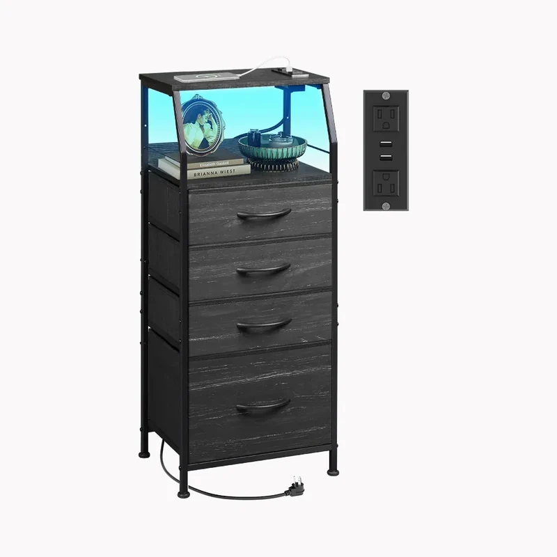WLIVE Fabric 4-Drawer LED Nightstand with Charging Station