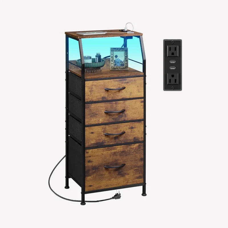 WLIVE Fabric 4-Drawer LED Nightstand with Charging Station