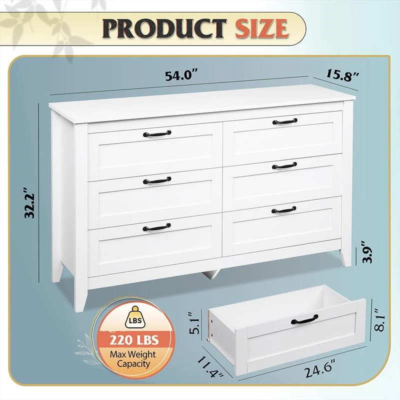WLIVE Wide 6-Drawer Minimalist Vintage Wood Dresser
