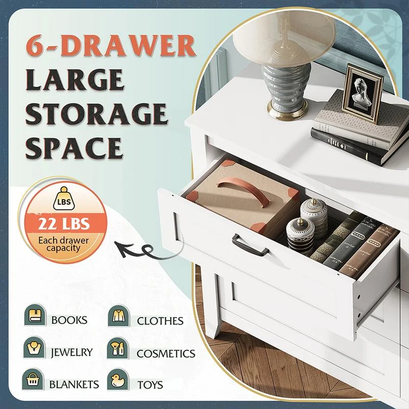 WLIVE Wide 6-Drawer Minimalist Vintage Wood Dresser