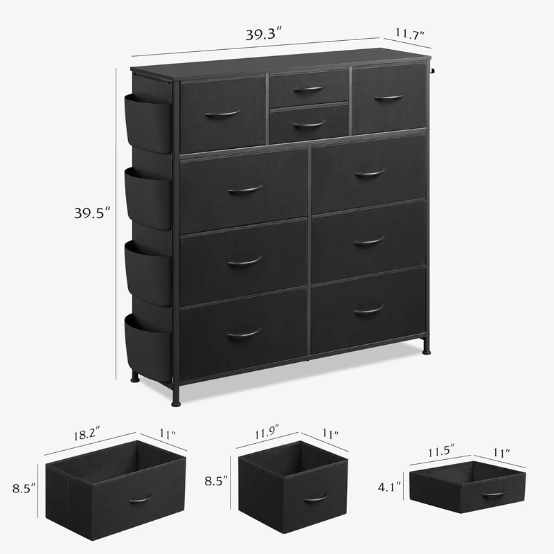 WLIVE 10-Drawer Fabric Dresser with Side Pockets and Hooks