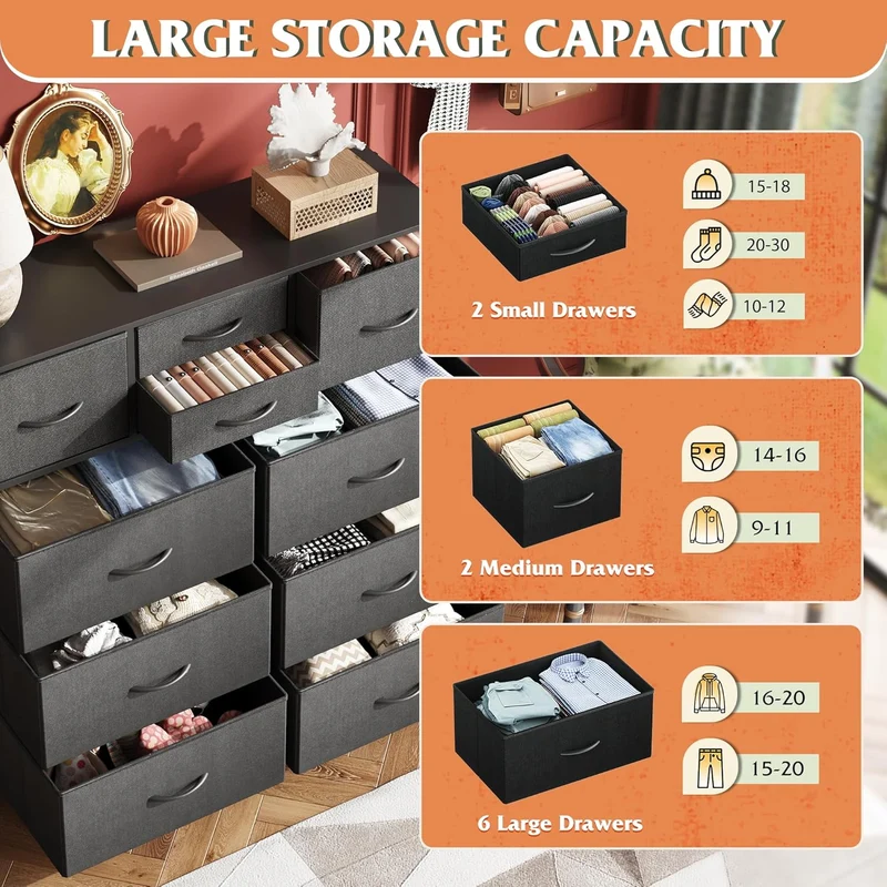 WLIVE 10-Drawer Fabric Dresser with Side Pockets and Hooks