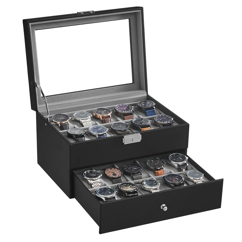 Uhrenbox 2 Ebenen mit Glasdeckel und herausnehmbaren Uhrenkissen