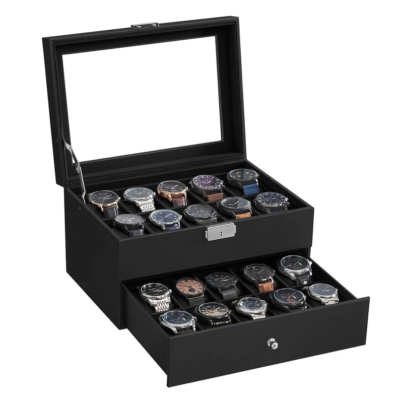 Uhrenbox 2 Ebenen mit Glasdeckel und herausnehmbaren Uhrenkissen
