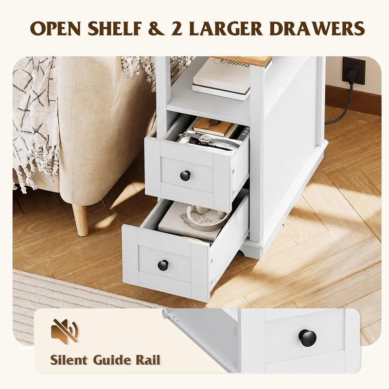 WLIVE End Table with Charging Station & 2 Drawers Narrow Nightstand White 2 USB Ports + 2 AC Outlets; Hidden Flip-Top Charging Station; Antique Cherry Finish; 2 Drawers + Open Shelf + Cabinet Storage