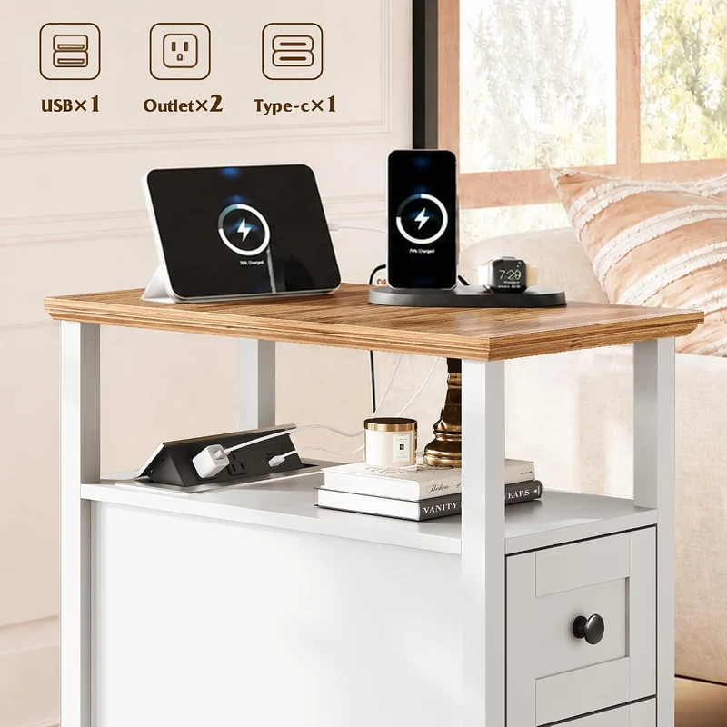 WLIVE End Table with Charging Station & 2 Drawers Narrow Nightstand White 2 USB Ports + 2 AC Outlets; Hidden Flip-Top Charging Station; Antique Cherry Finish; 2 Drawers + Open Shelf + Cabinet Storage