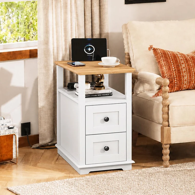 WLIVE End Table with Charging Station & 2 Drawers Narrow Nightstand White 2 USB Ports + 2 AC Outlets; Hidden Flip-Top Charging Station; Antique Cherry Finish; 2 Drawers + Open Shelf + Cabinet Storage