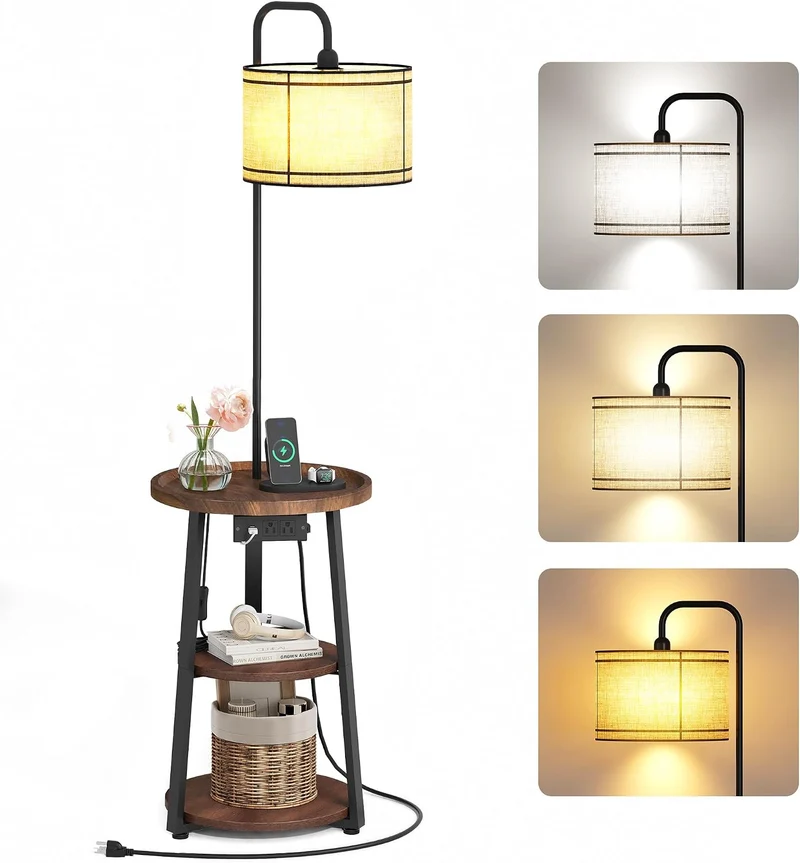 WLIVE Floor Lamp with Table, Round Small Side Table with Charging Station 2AC+1USB+1Type-C, 3 Color Temperatures, 3-Tier End Table & Night Stand with Lamp for Bedroom