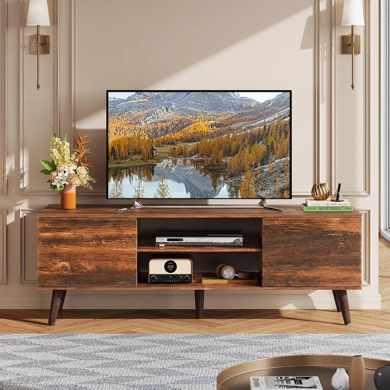 WLIVE TV Stand for 55 60 Inch TV, mid Century Modern Entertainment Center with 2 Cabinets Storage & Adjustable Shelf, Media Console Table for Living Room, Bedroom, Media Furniture