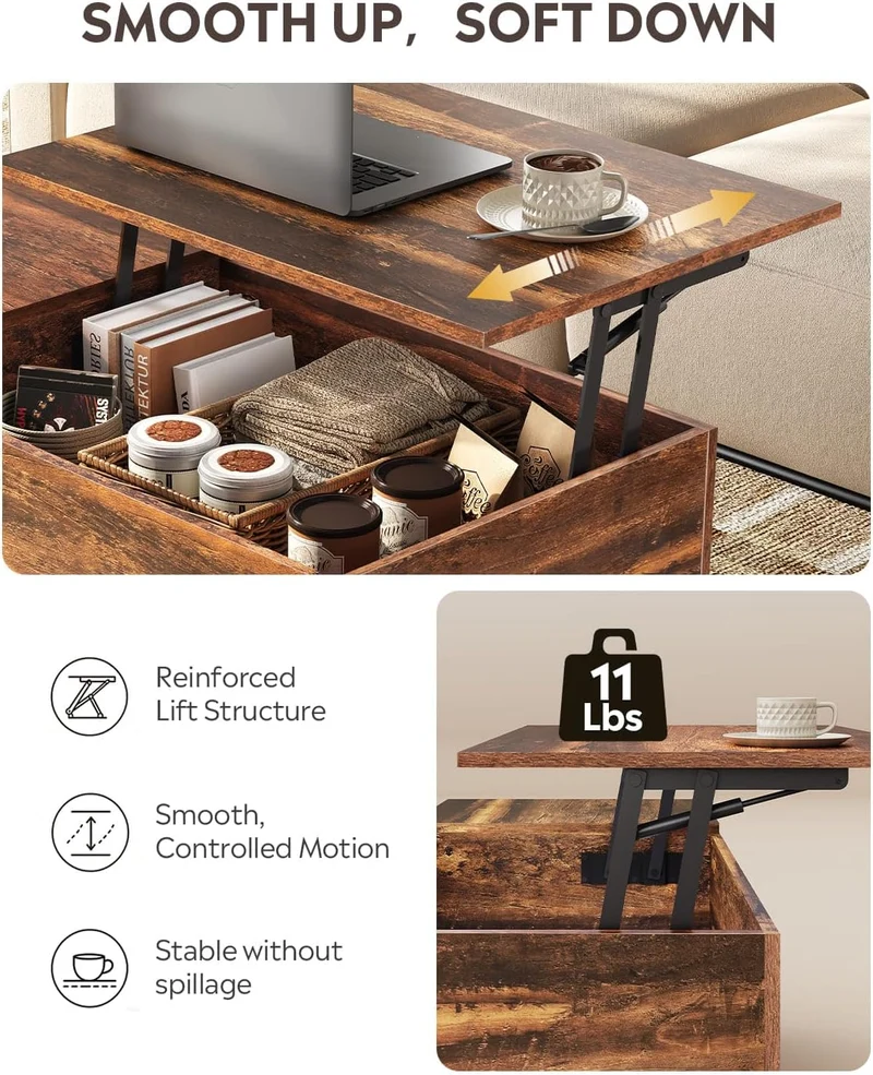 WLIVE Lift Top Coffee Table with Hidden Storage, Adjustable Shelf