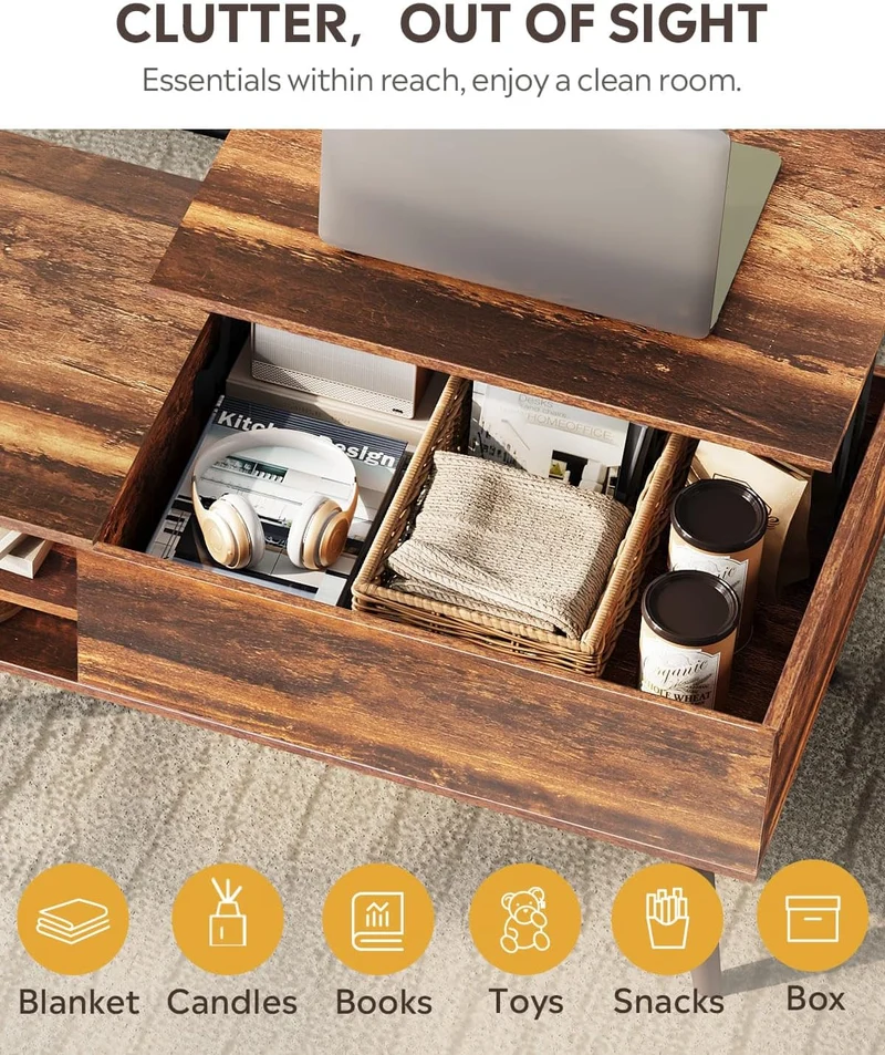 WLIVE Lift Top Coffee Table with Hidden Storage, Adjustable Shelf