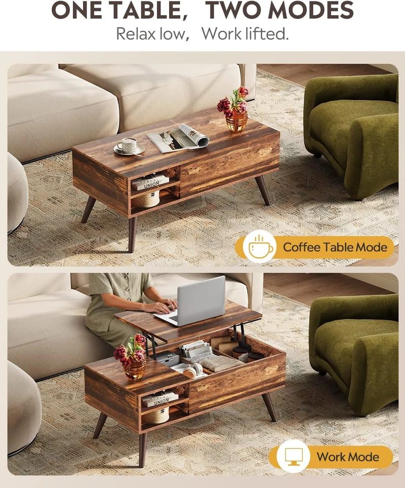 WLIVE Lift Top Coffee Table with Hidden Storage, Adjustable Shelf