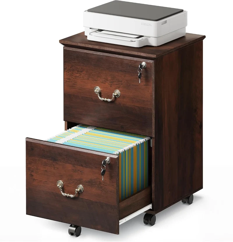 DEVAISE 2 Drawer File Cabinet, Mobile File Cabinet with Lock, Brown Oak | Wood Filing Cabinet for Under Desk for Home Office, Rolling Printer Stand for Office Storage, 360° Lockable Casters