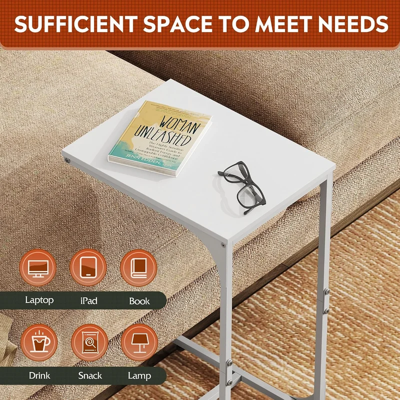 WLIVE C Shaped End Table, Small Couch Side Tables with Metal Frame that Slide Under, Sofa Table TV Tray for Living Room, Bedroom