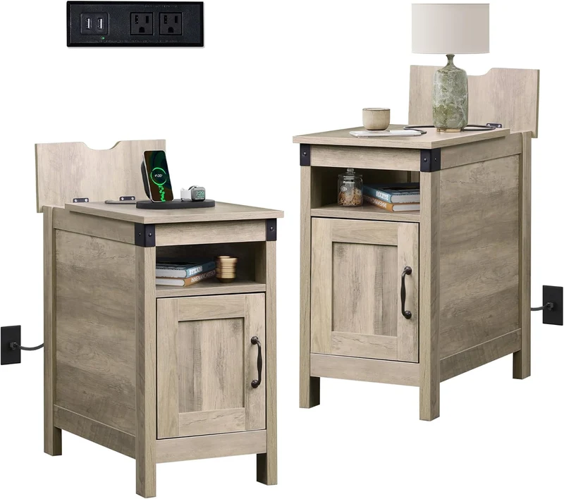 WLIVE Farmhouse End Table Set of 2 with Charging Station, Narrow Side Tables Living Room, Bedroom, Couch with USB Ports and Outlets, Wood Nightstand Sets with Storage