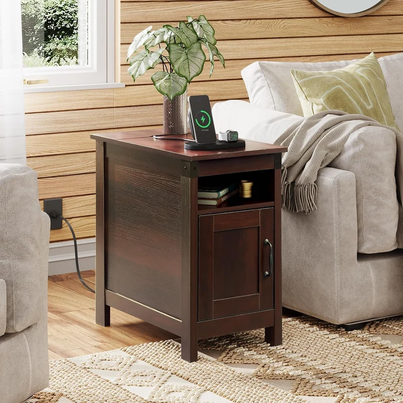 WLIVE Farmhouse End Table Set of 2 with Charging Station, Narrow Side Tables Living Room, Bedroom, Couch with USB Ports and Outlets, Wood Nightstand Sets with Storage
