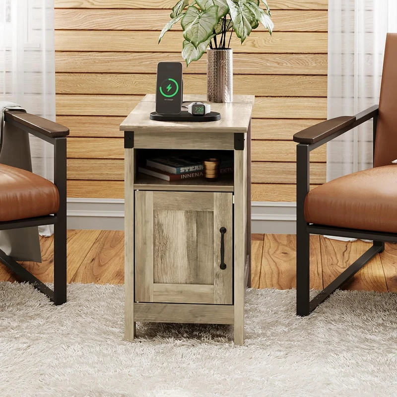 WLIVE End Table with Charging Station, Narrow Side Table for Living Room, Farmhouse Night Stand with Storage, Small Wooden Cabinet with USB Ports and Outlets for Living Room and Bedroom