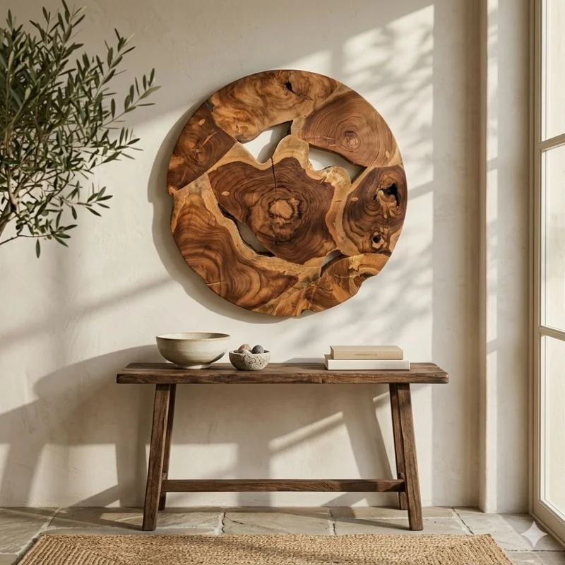 Wand-Deko aus Teakholz BAGIAN rund 80 cm Unikat Wandbild
