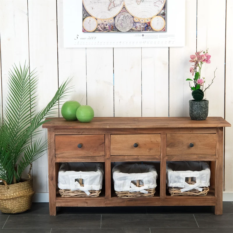KOMMODE RANTAN | 98 cm, Massivholz | Sideboard mit Körben