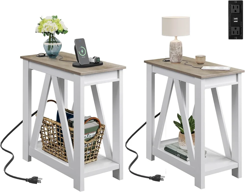 WLIVE End Tables Living Room Set of 2 with Charging Station, Sofa Side Tables with Open Storage Shelf, Slim Farmhouse End Table Sets