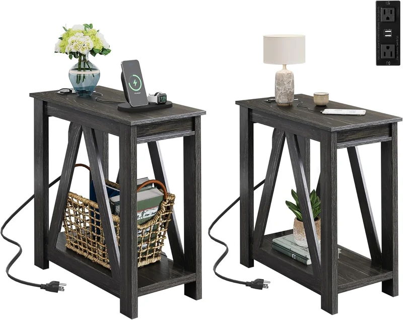 WLIVE End Tables Living Room Set of 2 with Charging Station, Sofa Side Tables with Open Storage Shelf, Slim Farmhouse End Table Sets