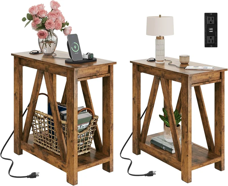 WLIVE End Tables Living Room Set of 2 with Charging Station, Sofa Side Tables with Open Storage Shelf, Slim Farmhouse End Table Sets