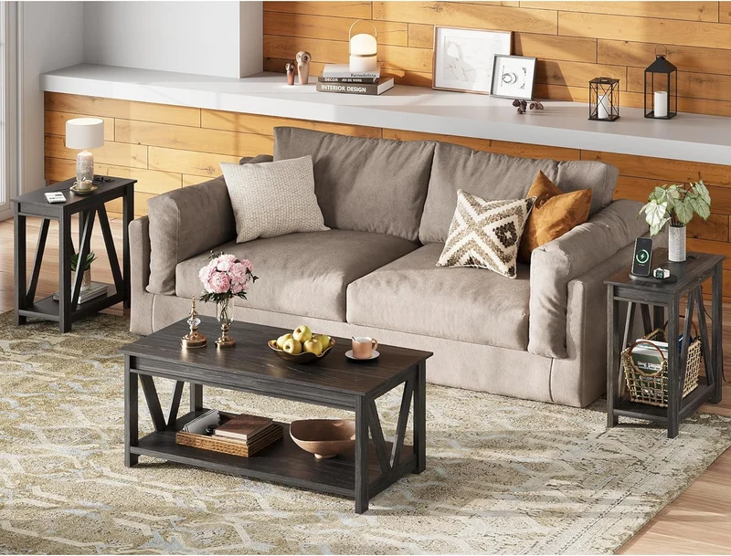 WLIVE End Tables Living Room Set of 2 with Charging Station, Sofa Side Tables with Open Storage Shelf, Slim Farmhouse End Table Sets