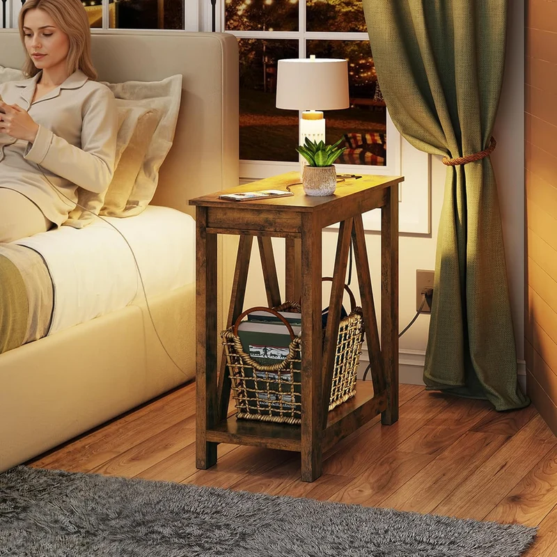 WLIVE End Tables Living Room Set of 2 with Charging Station, Sofa Side Tables with Open Storage Shelf, Slim Farmhouse End Table Sets