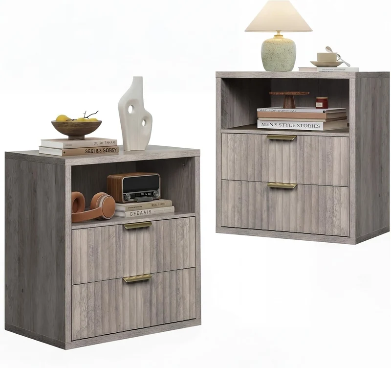 WLIVE Fluted Night Stand Set 2, Wood Nightstands with Storage Drawers and Open Shelf