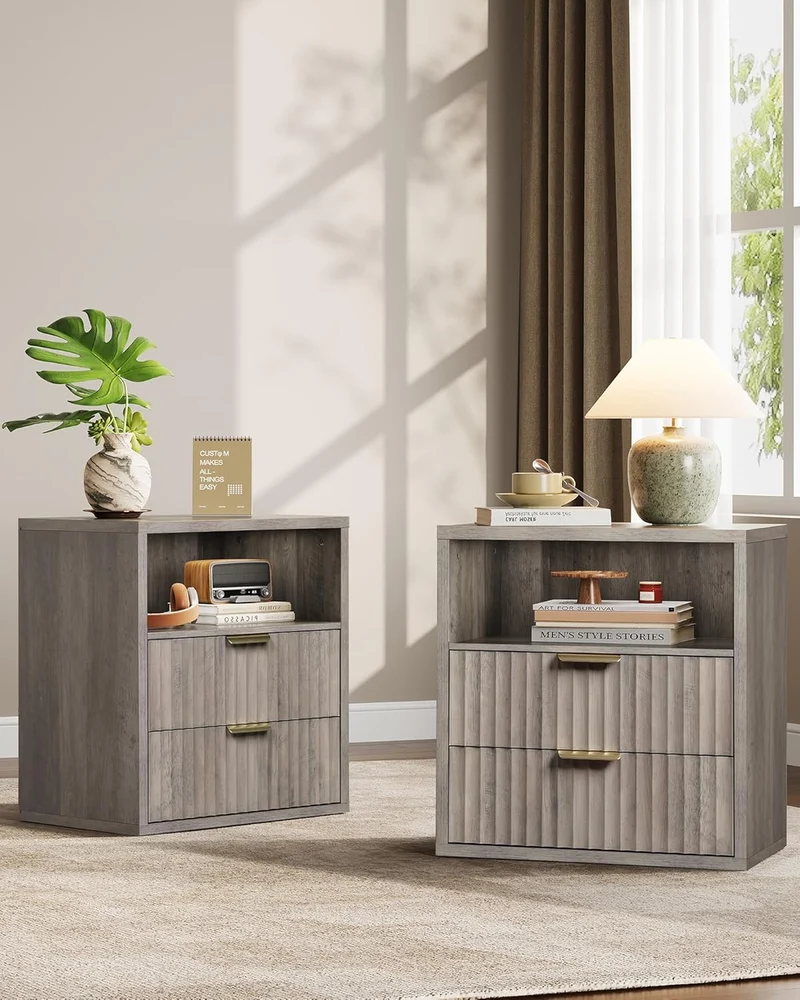 WLIVE Fluted Night Stand Set 2, Wood Nightstands with Storage Drawers and Open Shelf
