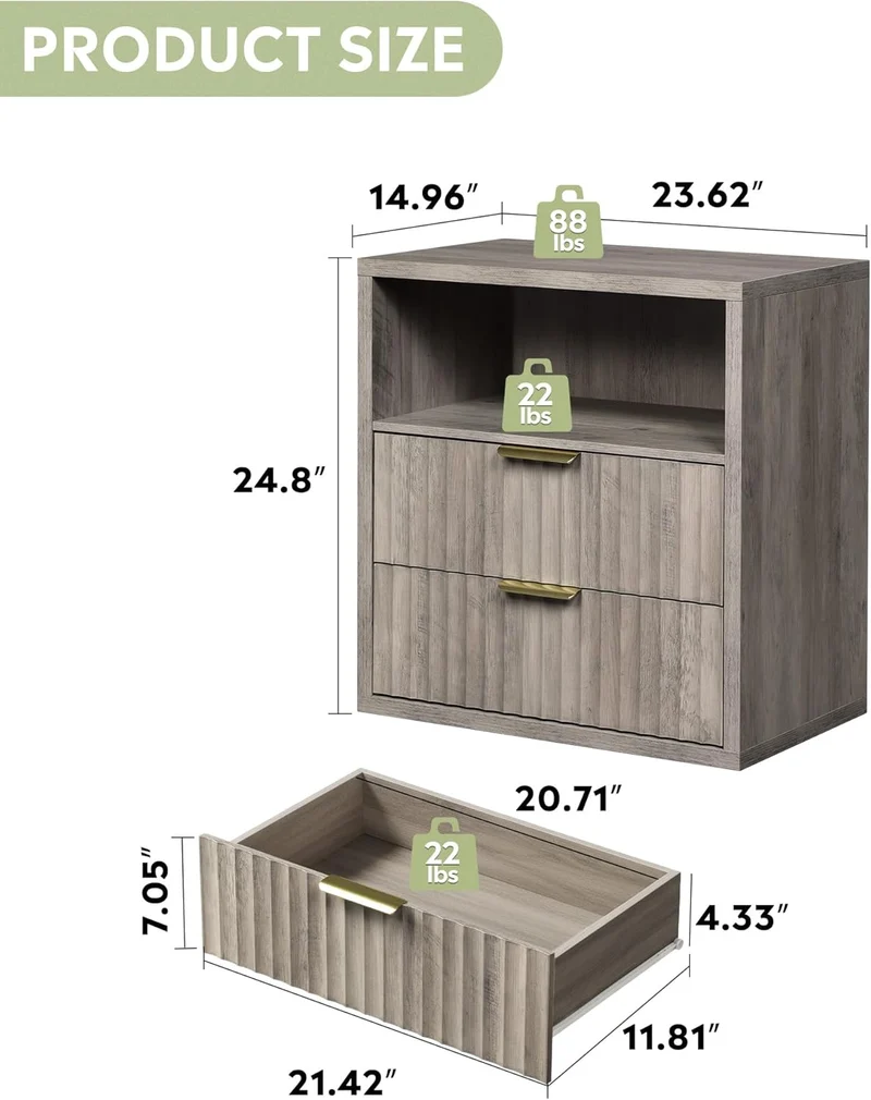 WLIVE Fluted Night Stand Set 2, Wood Nightstands with Storage Drawers and Open Shelf