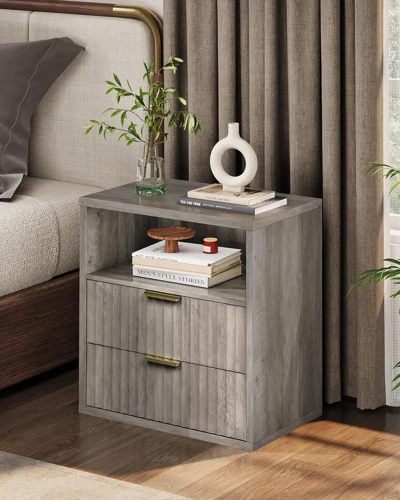 WLIVE Fluted Night Stand Set 2, Wood Nightstands with Storage Drawers and Open Shelf