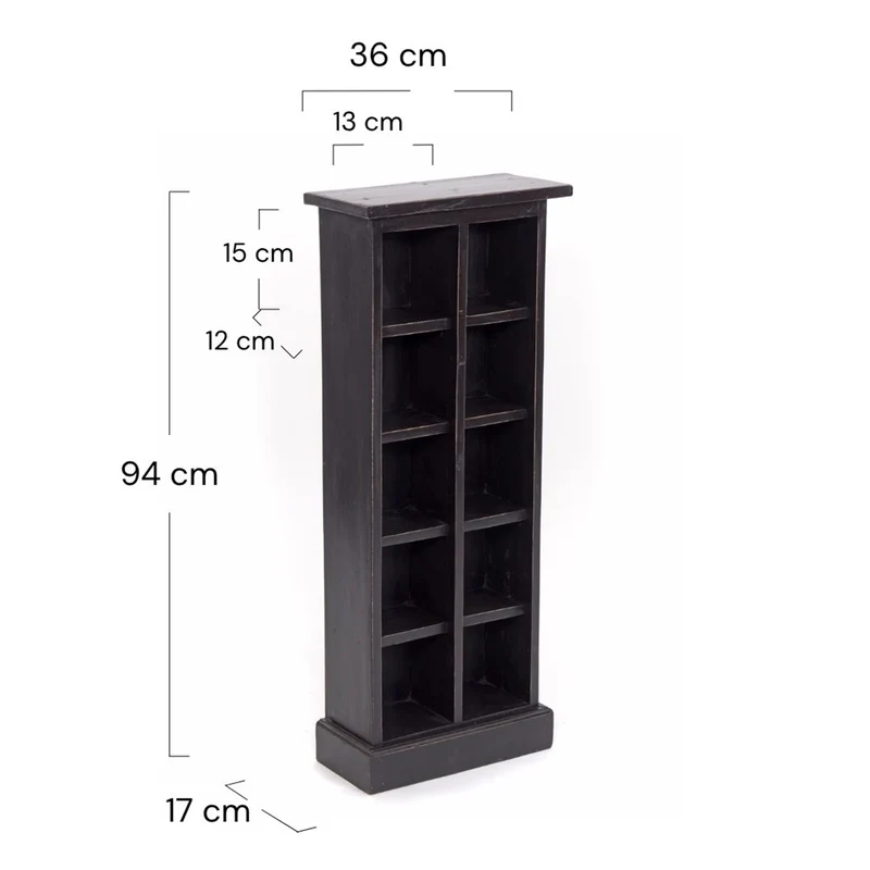 RUSTIKALES CD & BÜCHERREGAL NATURE | 94x36cm(HxB) Holzregal 10 Fächer | Farbe: 09 voodoo - schwarz