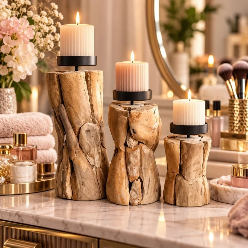 3er Set Teak Kerzenständer BATTY handgefertigte Unikate