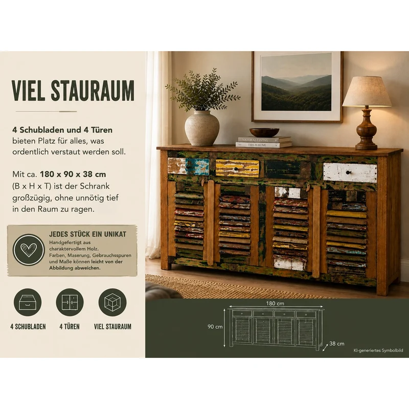 SIDEBOARD "RION" | 180 cm, Bunt | Kommode mit 4 Türen & Schubladen
