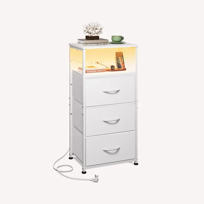 WLIVE Fabric 3-Drawer LED Nightstand with Charging Station