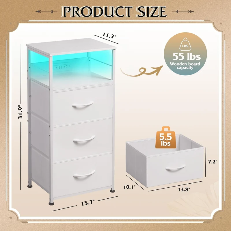 WLIVE Fabric 3-Drawer LED Nightstand with Charging Station