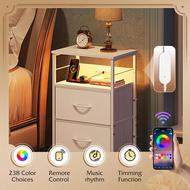 WLIVE Fabric 3-Drawer LED Nightstand with Charging Station