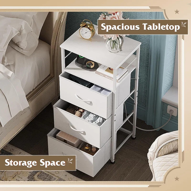 WLIVE Fabric 3-Drawer LED Nightstand with Charging Station