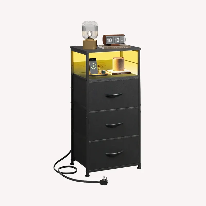 WLIVE Fabric 3-Drawer LED Nightstand with Charging Station