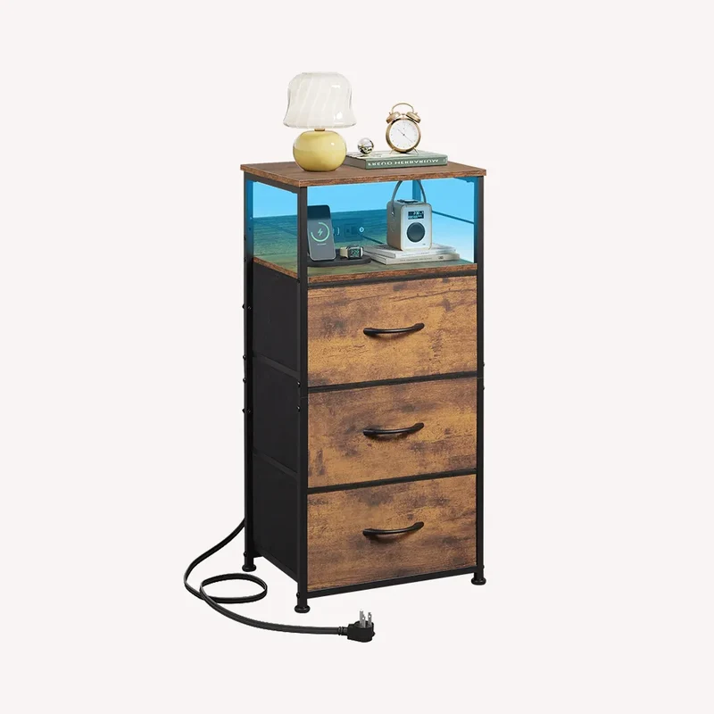 WLIVE Fabric 3-Drawer LED Nightstand with Charging Station