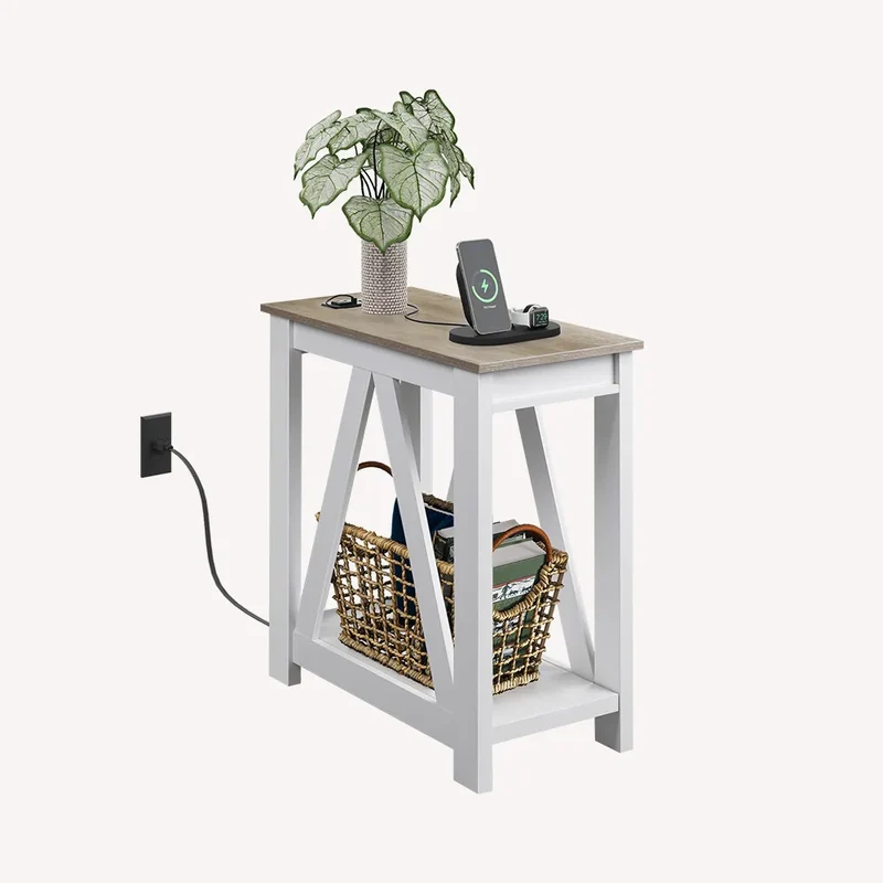 WLIVE Farmhouse Narrow 2-Tier Side Table with Charging Station
