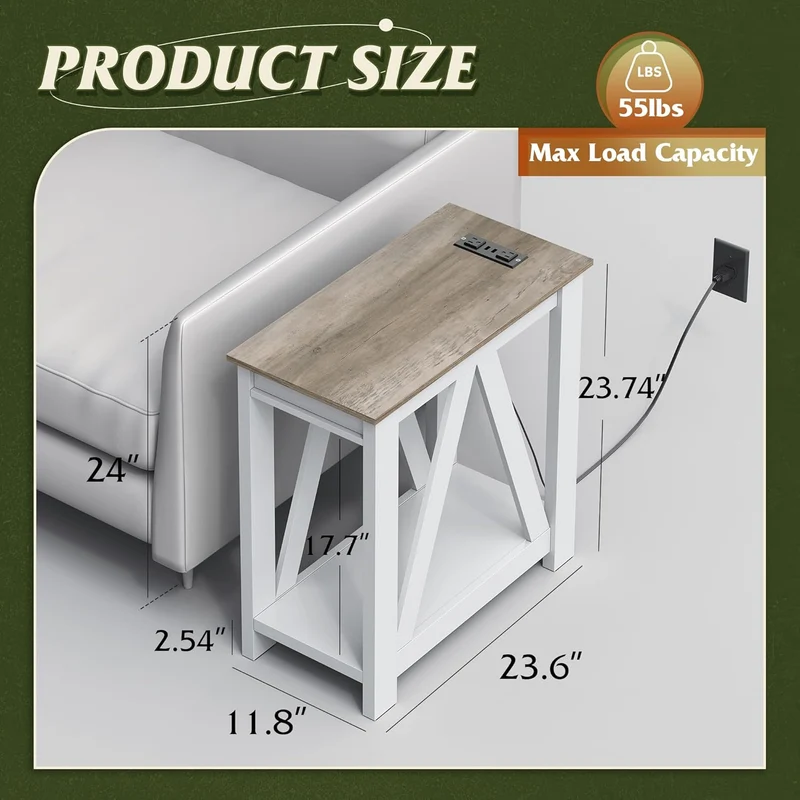 WLIVE Farmhouse Narrow 2-Tier Side Table with Charging Station
