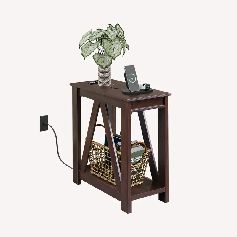 WLIVE Farmhouse Narrow 2-Tier Side Table with Charging Station