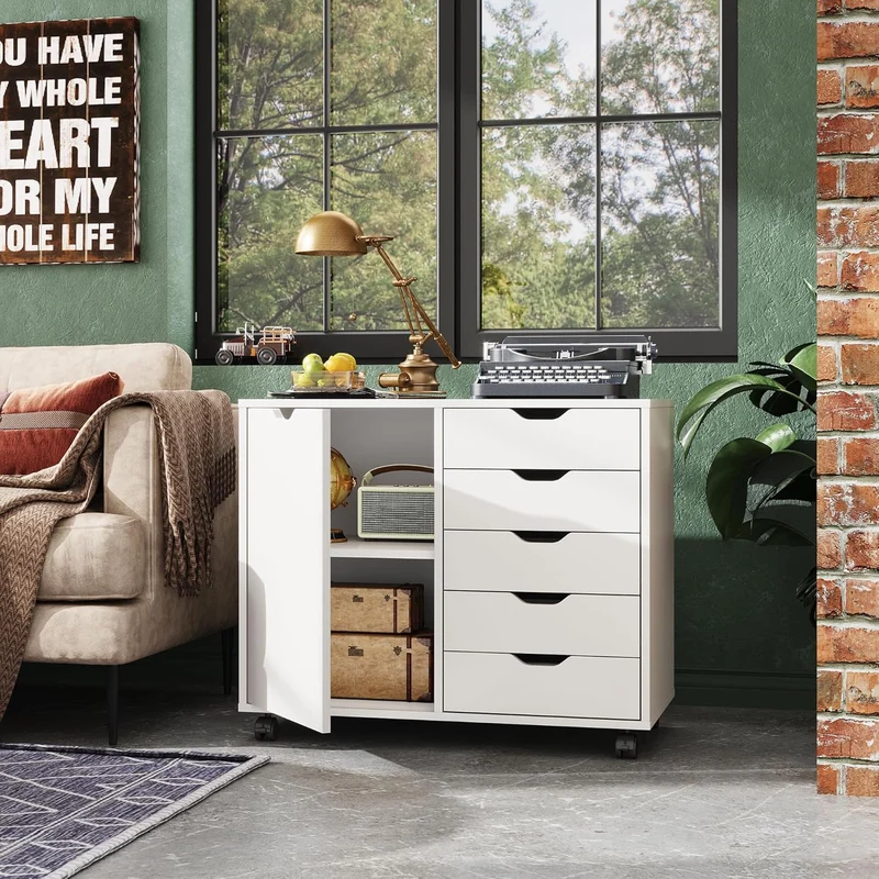DEVAISE 5-Drawer Wood Mobile Storage Cabinet with Door